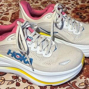 Hoka Women's Bondi 9 Alabaster running  Sneakers with Pink and Yellow Accent